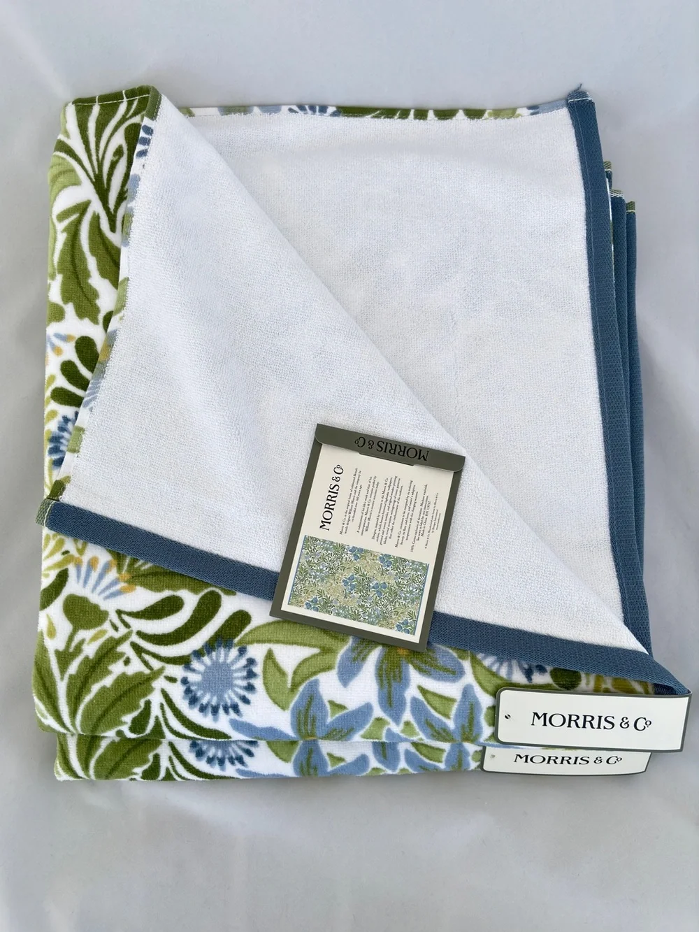 NWT Morris & Co Botanical Cotton Velour Bath Towels Set of 2 Blue Green Floral